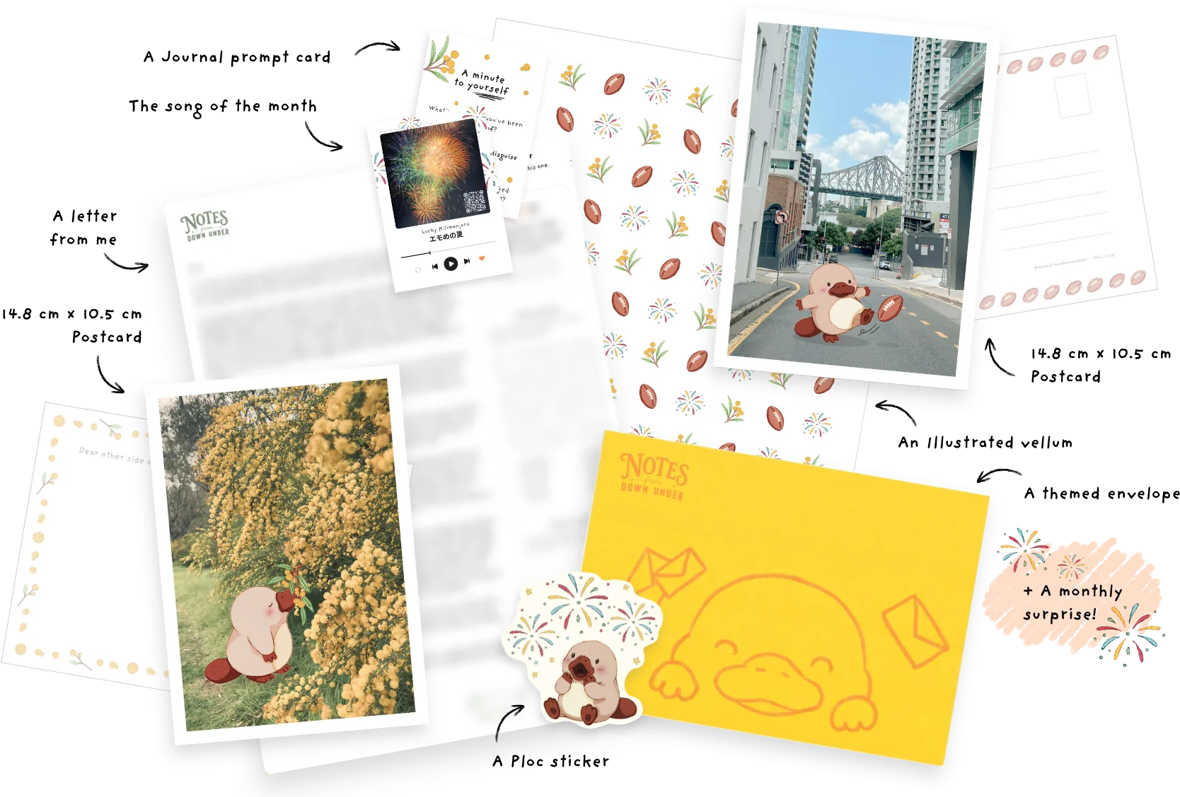 The September edition: letter, postcards, sticker and yellow wattle-themed envelope