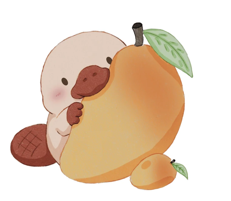 A Ploc sticker: Ploc hugging a mango