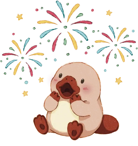 Ploc the platypus watching fireworks